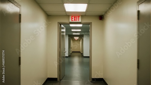 Long hallway with an illuminated exit sign at the end, leading to a distant doorway.