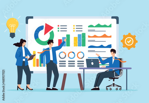 Flat illustration of team members evaluating issues and developing solutions on whiteboard