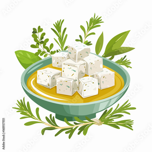 Cubed Cheese in Teal Bowl with Fresh Herbs