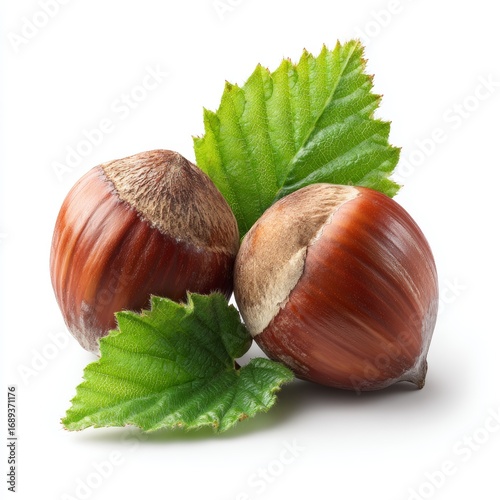 Close-up of two hazelnuts with green leaves. The image showcases the natural beauty of these healthy nuts