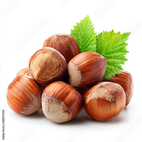 A pile of hazelnuts with green leaves, perfect for a healthy snack. The nuts are arranged in a visually appealing way, showcasing their natural textures.