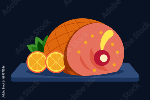 Festive ham with oranges and cherries on a platter