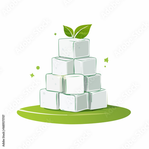 White Sugar Cubes Stacked on Green Leaf Illustration
