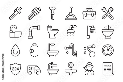 Plumbing tools and fixtures icon set