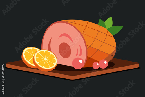 Festive ham with orange slices and cherries on a cutting board