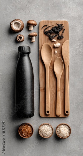 Flatlay of culinary ingredients and utensils.  Wooden spoons, mushrooms, rice, spices, bottle