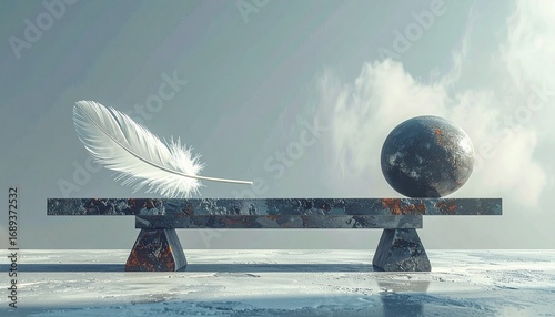 Conceptual balance: light feather and heavy stone sphere perfectly equal on a seesaw, symbolizing equilibrium, fairness, and contrasting weights.