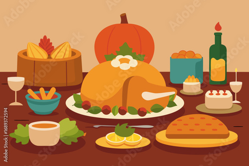 A festive thanksgiving dinner spread with a roasted turkey and pumpkin
