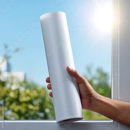 A hand holds a white roll of material near a window.  Sunlight shines through
