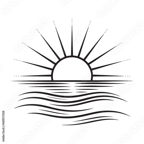 Simple black line art drawing of a sun rising over ocean waves. Minimalist graphic illustration for a logo, icon, or emblem design