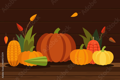 Autumn harvest collection of pumpkins and gourds on wooden background