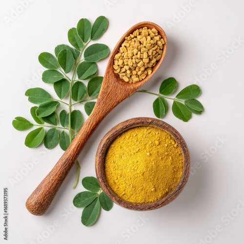 Wooden spoon with spices and leaves.  A wooden spoon holds a spice, likely seeds, nestled beside a small bowl of ground spice.  Fresh green leaves surround the ingredients on a white background