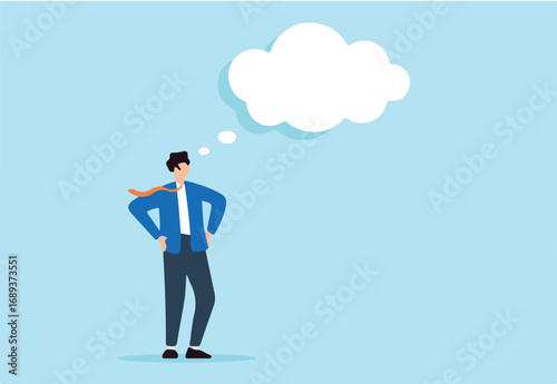 Flat illustration of smart businessman contemplates big dreams in thought bubble imagining solutions to change world