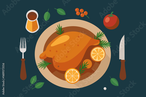 Delicious roasted chicken dinner with oranges and herbs