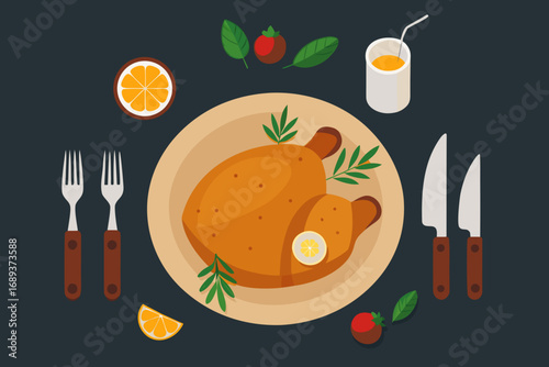 Delicious roasted chicken dinner with fresh orange juice and garnish
