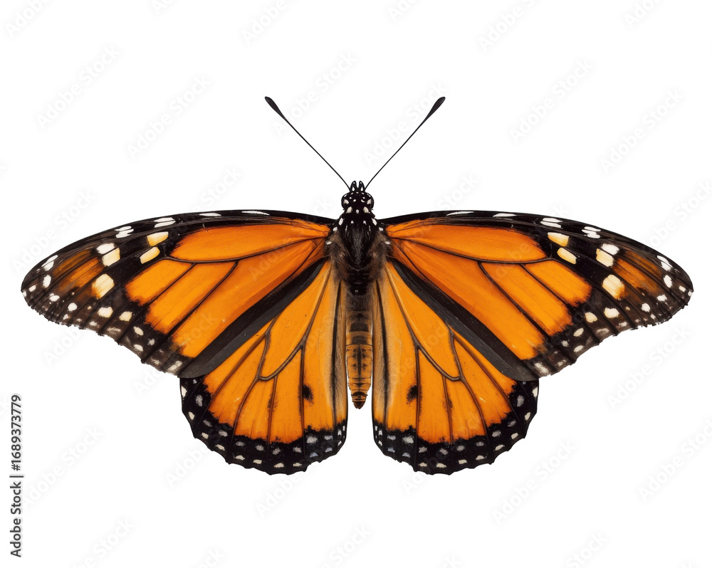 Obraz premium Monarch butterfly with fully extended wings exhibiting the vibrant colors and intricate patterns