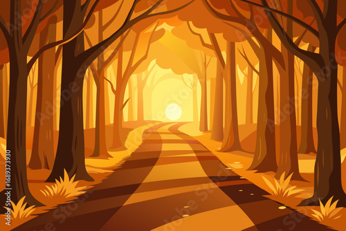 Golden autumn forest path leading to a bright sun