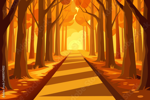 Golden forest path leading to a bright sunset