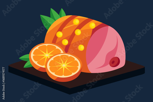 Festive ham with oranges and greens on a dark background