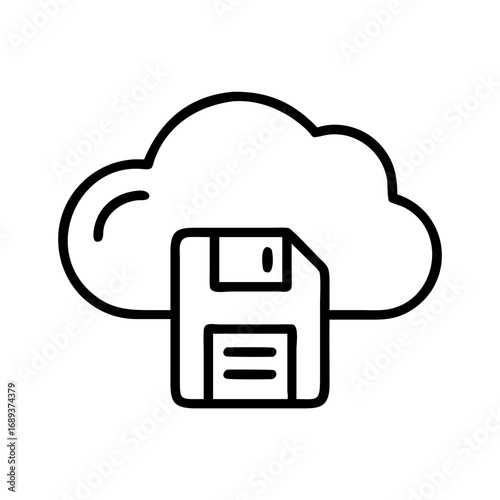 Cloud storage symbol showing a floppy disk connected to a cloud in a simple black and white line drawing