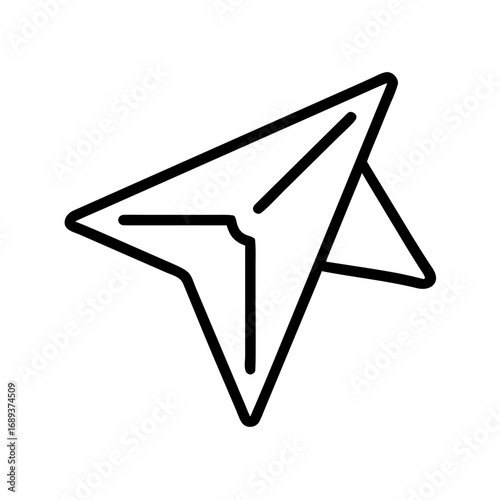 A simple line drawing of a paper airplane with folded wings and a distinct nose point design shown in black