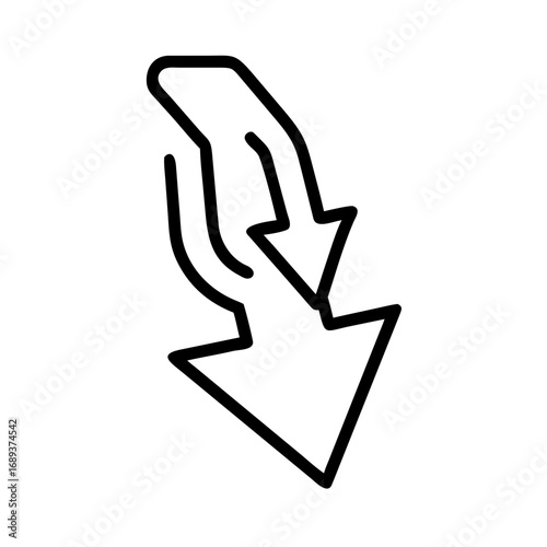 Black outline drawing of a double arrow pointing downwards indicating direction or a downward movement flow