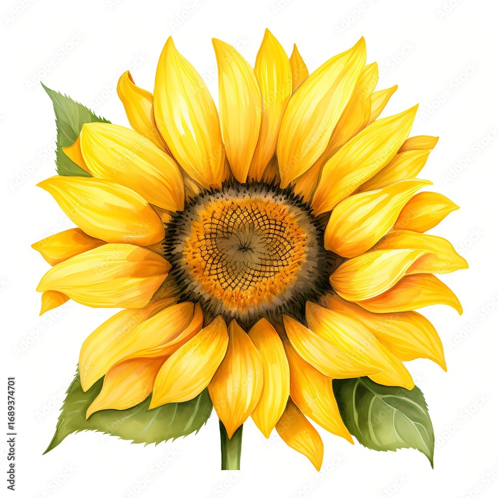 Naklejka premium This illustration shows a single sunflower with bright yellow petals, a detailed brown center, and two prominent green leaves.