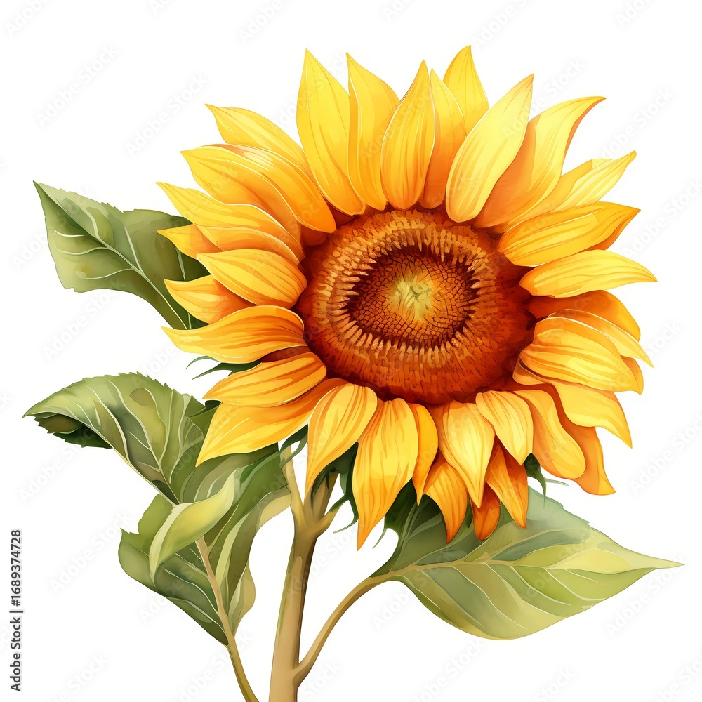 Fototapeta premium The illustration shows a single sunflower with multiple yellow petals, a dark brown center, and several green leaves attached to a tan stem.