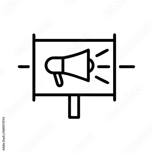 Illustration of a megaphone on a sign with sound waves emanating from it in black and white outline style