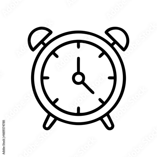 Illustration of a classic alarm clock with two bells and two feet in a simple black outline style
