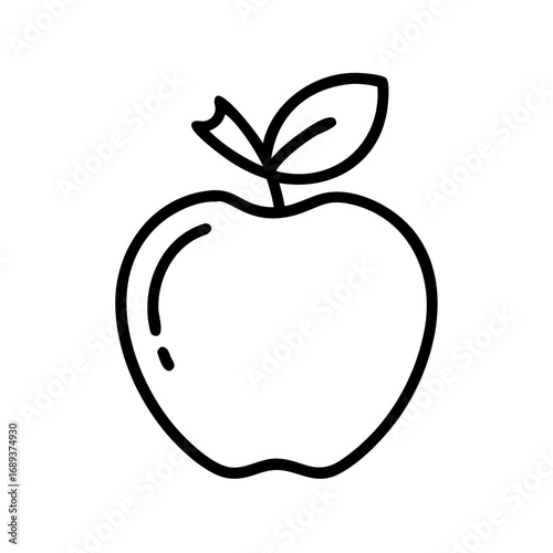 Outline drawing of an apple with a stem and a leaf isolated on a white background in simple vector style
