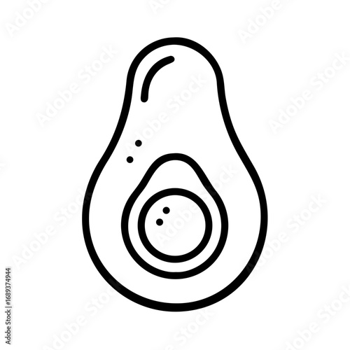 Outline drawing of a halved avocado with pit and two small dots on the left side of the avocado half