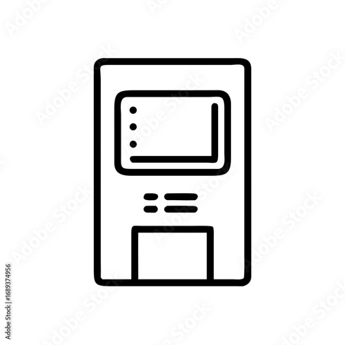 Illustration of an atm machine with a screen and card slot in a simple black outline style design