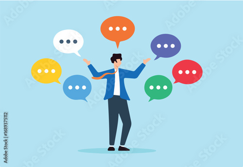 Flat illustration of businessman talks confidently with multiple speech bubbles showcasing verbal communication skills