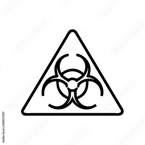 A black and white illustration of a biohazard symbol encased in a triangular warning sign with rounded edges