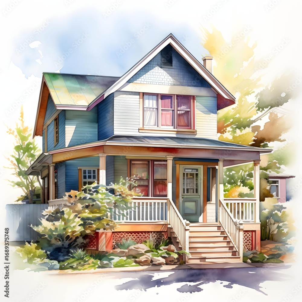 Obraz premium The illustration shows a light blue house with a white porch, steps, and green door, surrounded by lush greenery and located on a quiet street.