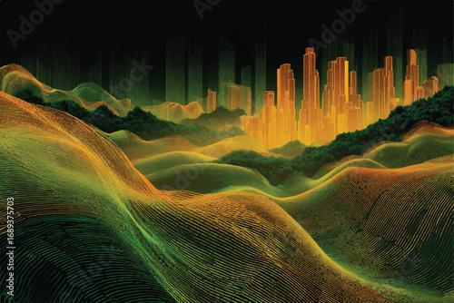 Abstract landscape with futuristic city skyline emerging over rolling hills with detailed line art and warm color palette