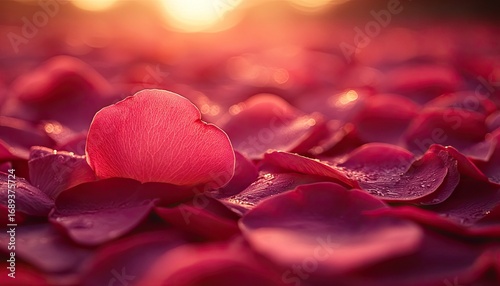 Fototapeta Naklejka Na Ścianę i Meble -  Beautiful sunset light on a pile of deep red rose petals. Use it for love, wedding, or Valentine's Day designs.