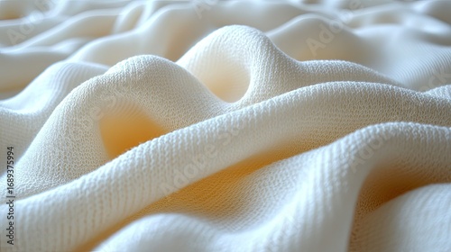 Closeup of creamy white, slightly crinkled fabric with subtle woven texture. Perfect for background textures, textiles, bedding, and soft focus visuals.