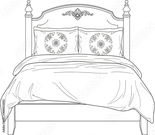Ornate bed drawing, black and white, line art, classic furniture, carved headboard, floral pillows, comforter, symmetrical design, vintage style, decor