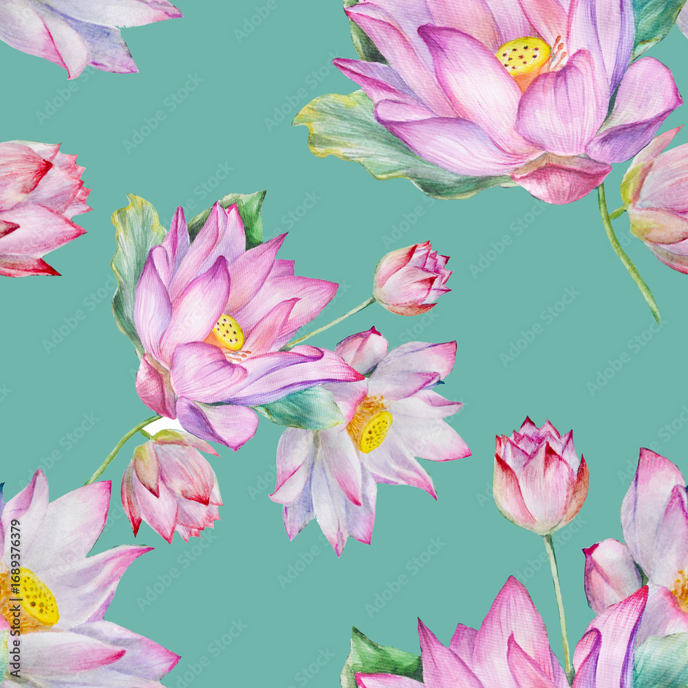 Fototapeta premium seamless pattern with pink lotus on blue watercolor illustration 