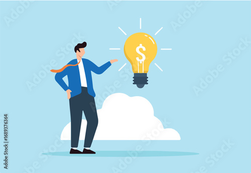 Flat illustration of businessman presents money idea under lightbulb during entrepreneurship funding venture capital meeting
