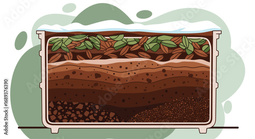 Cross-section illustration of compost layers showing organic materials and soil structure