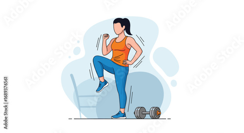 Energetic woman performing cardio exercise with weights, promoting fitness and healthy lifestyle