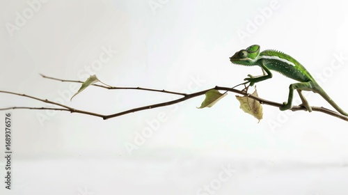 Green chameleon perched on a branch against white background