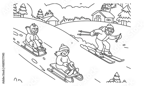 Black and white line drawing of winter sports sledding and skiing on snowy hill coloring book illustration
