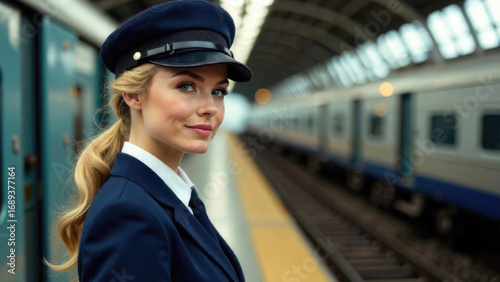 Professional European blonde train crew member in uniform at station, friendly expression. Designed with text space for railway recruitment or safety instructions