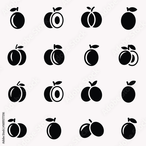 Collection of black silhouette icons representing plums and prunes