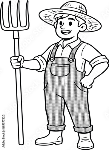 Cartoon farmer, pitchfork, straw hat, black and white, vintage style, rural character, agriculture, farm life, boots, overalls, textured drawing, classic illustration, farming man, 