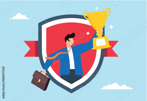 Flat illustration of success businessman holds trophy badge recognized as employee of the month